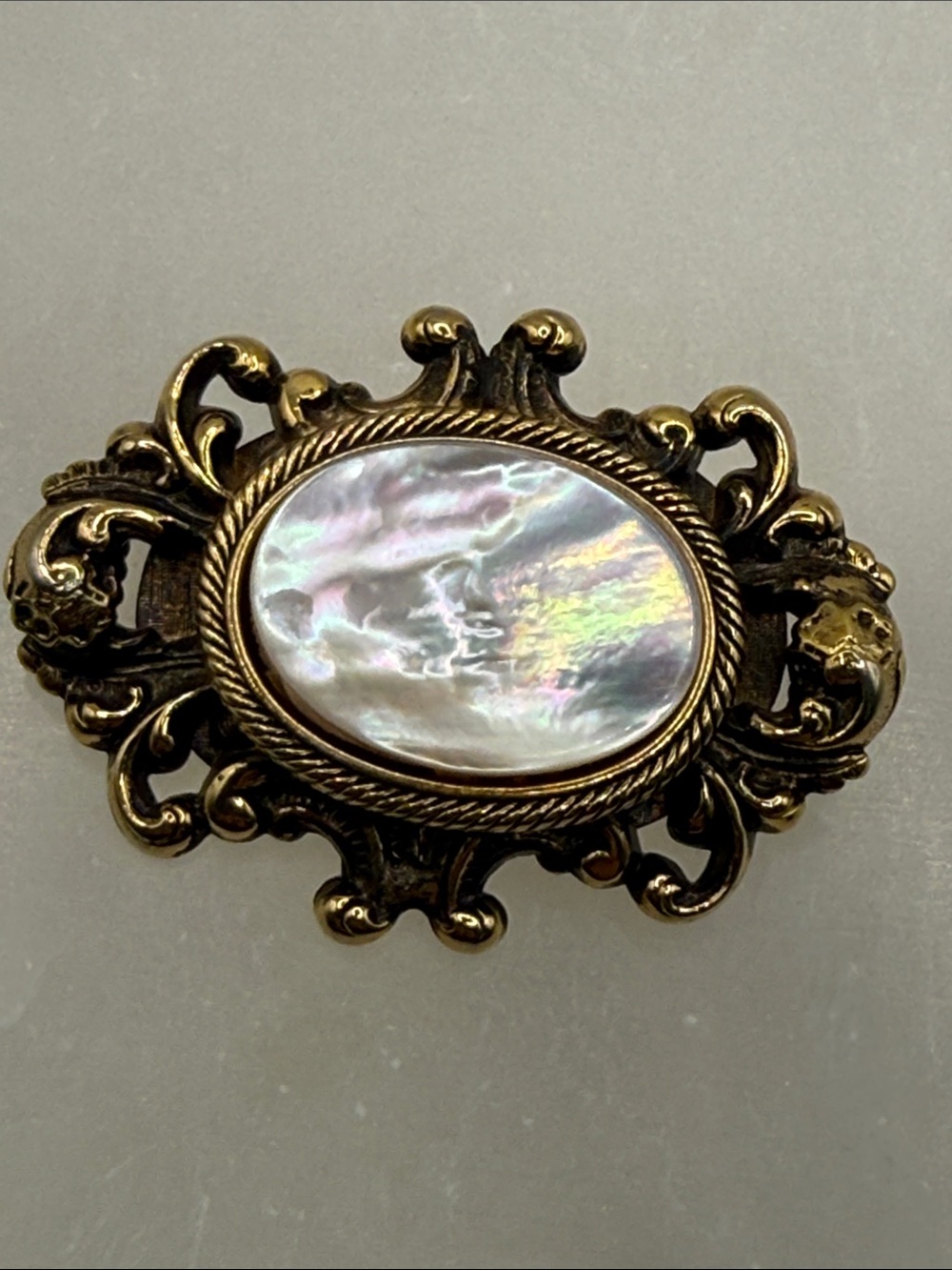 Antique-Style Abalone faux Shell Brooch in Brass-Tone Filigree pin